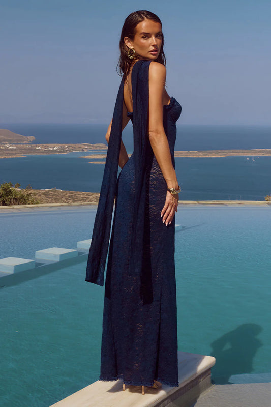 Amana Navy Strapless Scarf Maxi Dress