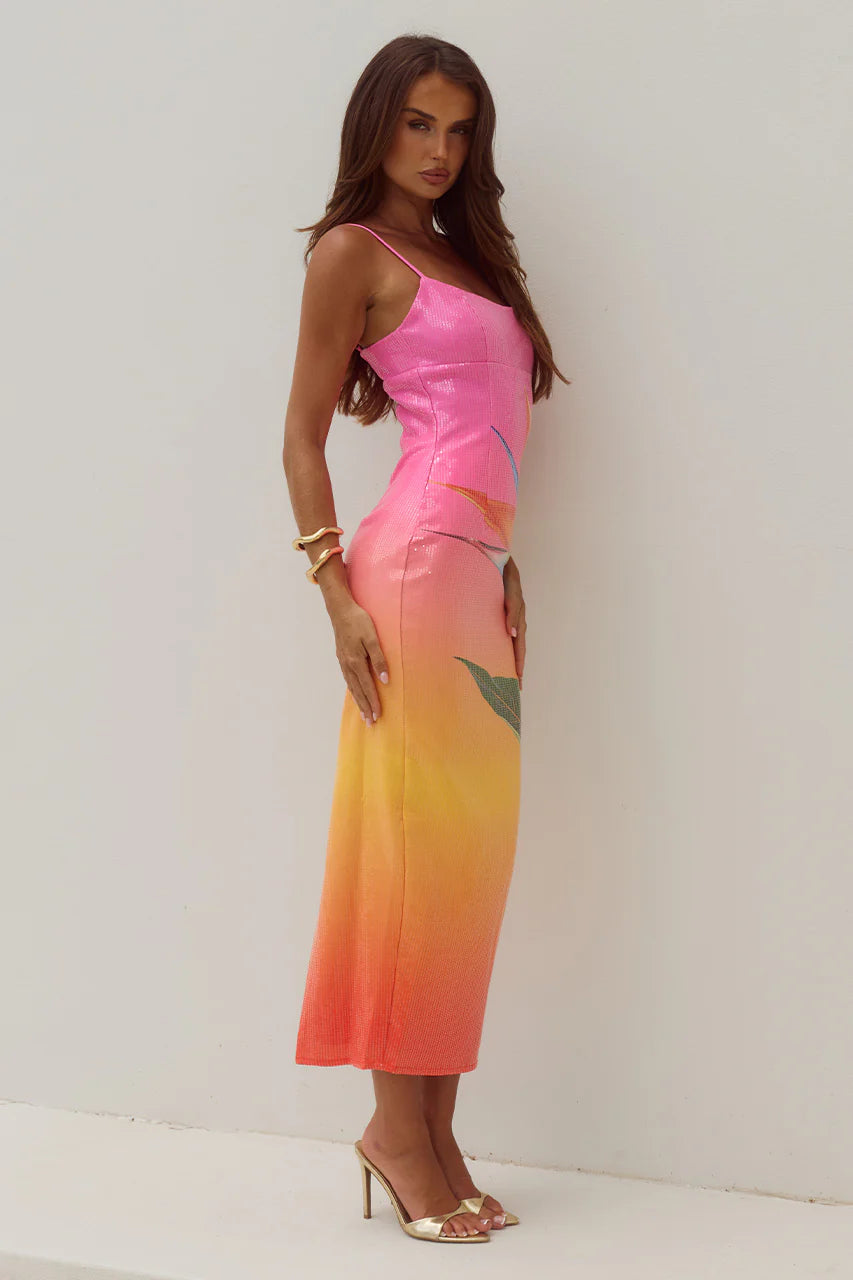 Kyra Tropical Ombre Sequin Midi Dress - Pink Orange