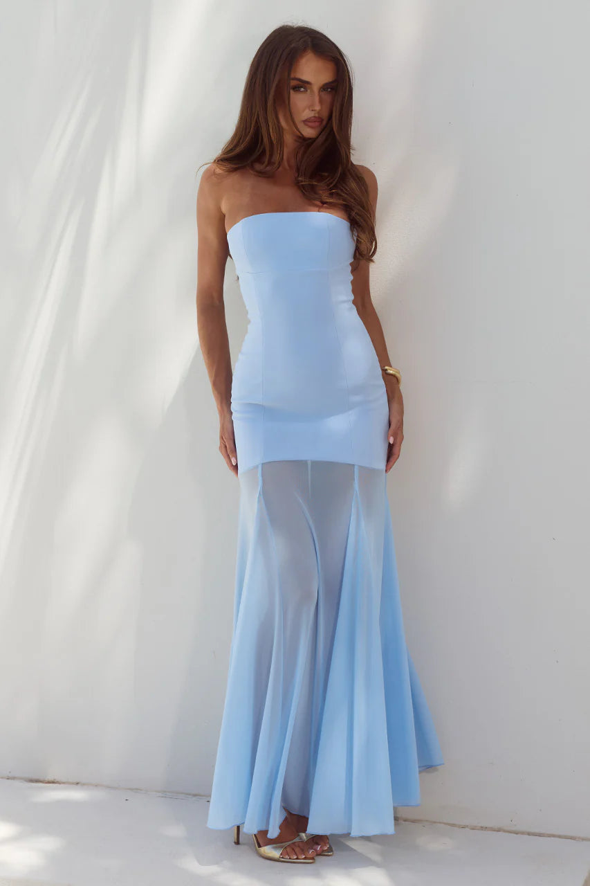dress sheer skirt Runaway The Label Remi Strapless Sheer Skirt Maxi Dress Sky Blue – EMORLA