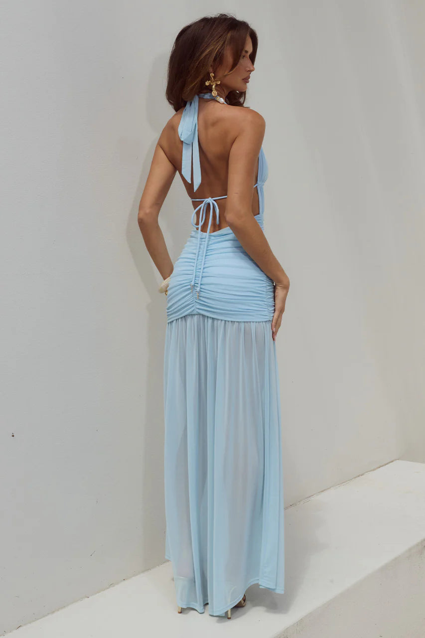 Adrianna Plunge Ruched Maxi Dress Aqua Blue