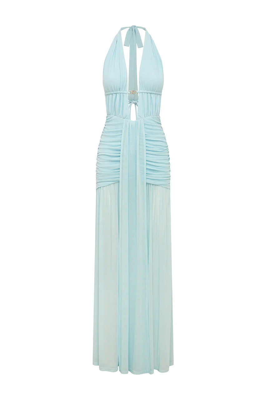 Adrianna Plunge Ruched Maxi Dress Aqua Blue