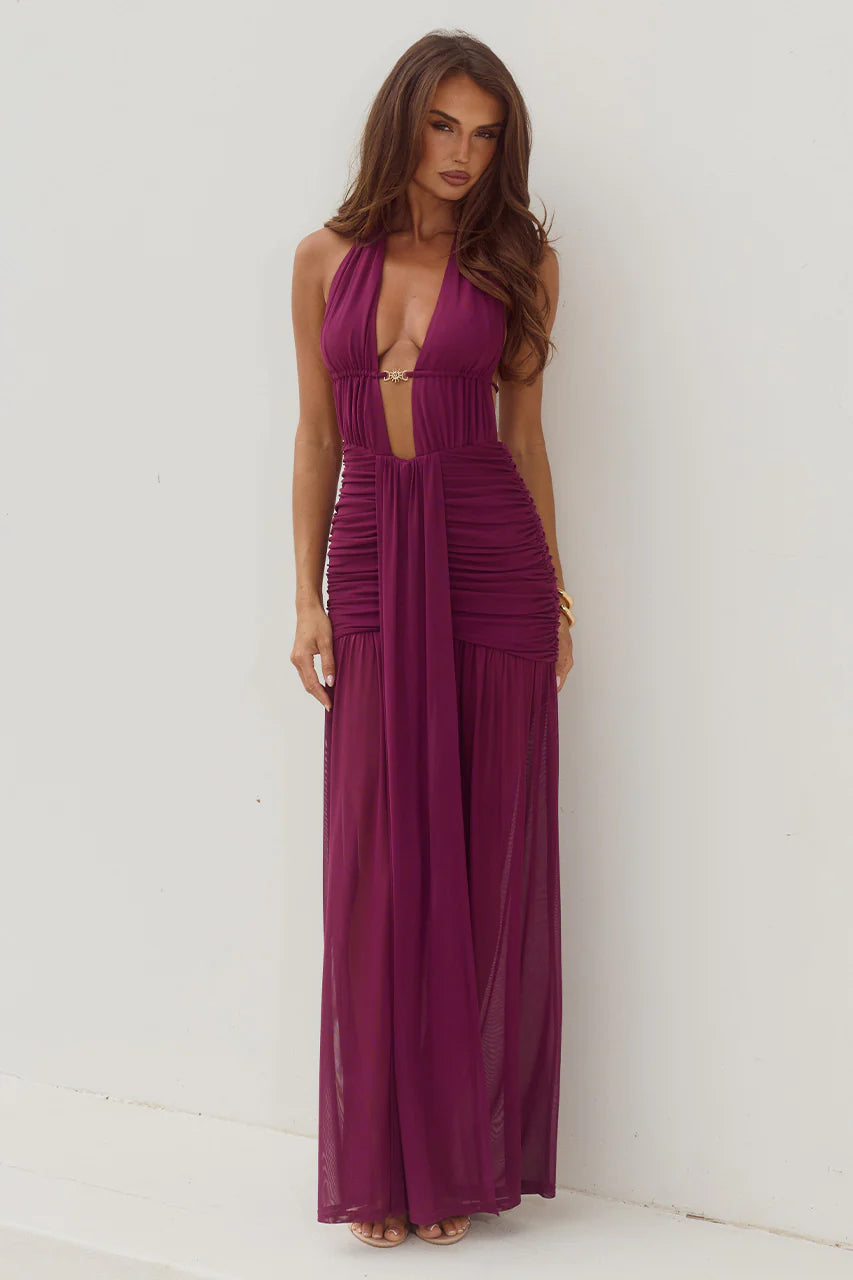 Adrianna Plunge Ruched Maxi Dress in Plum