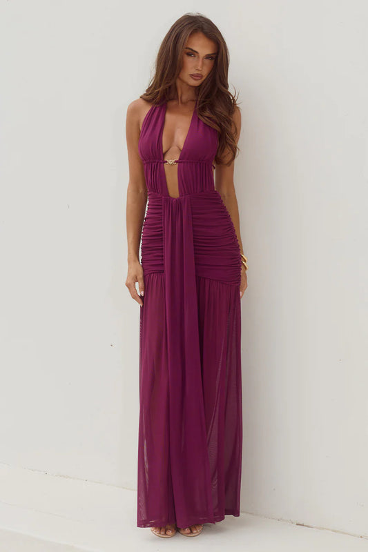 Adrianna Plunge Ruched Maxi Dress in Plum