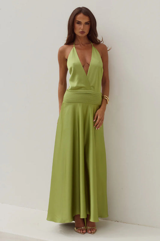 Amadine Deep V Plunge Maxi Dress Deep Olive