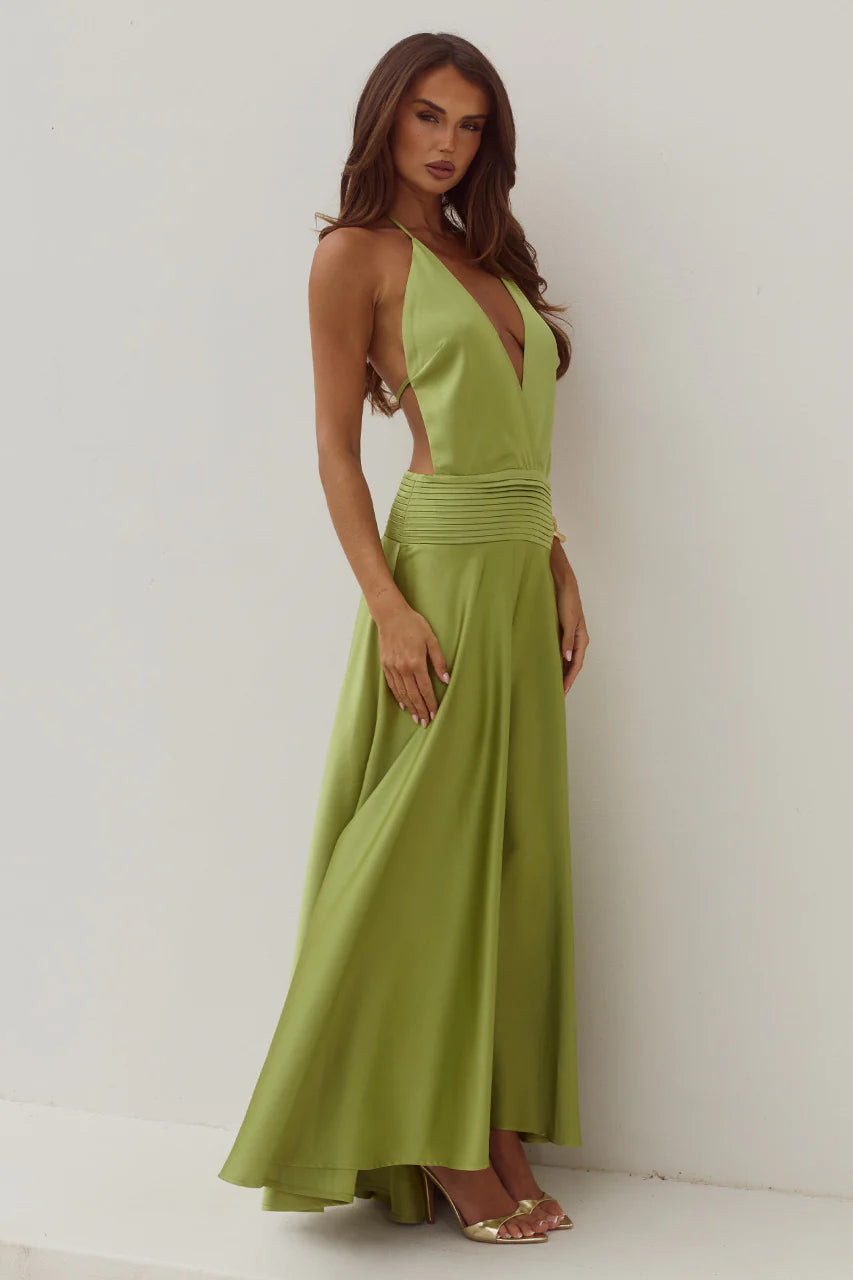 Amadine Deep V Plunge Maxi Dress Deep Olive