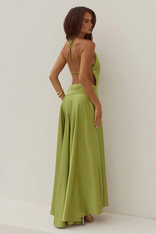 Amadine Deep V Plunge Maxi Dress Deep Olive