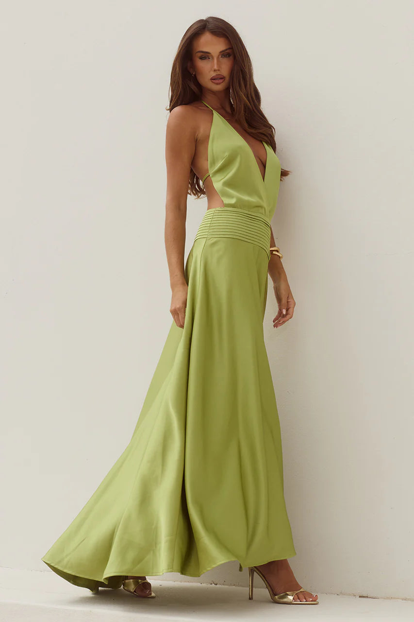 Amadine Deep V Plunge Maxi Dress Deep Olive