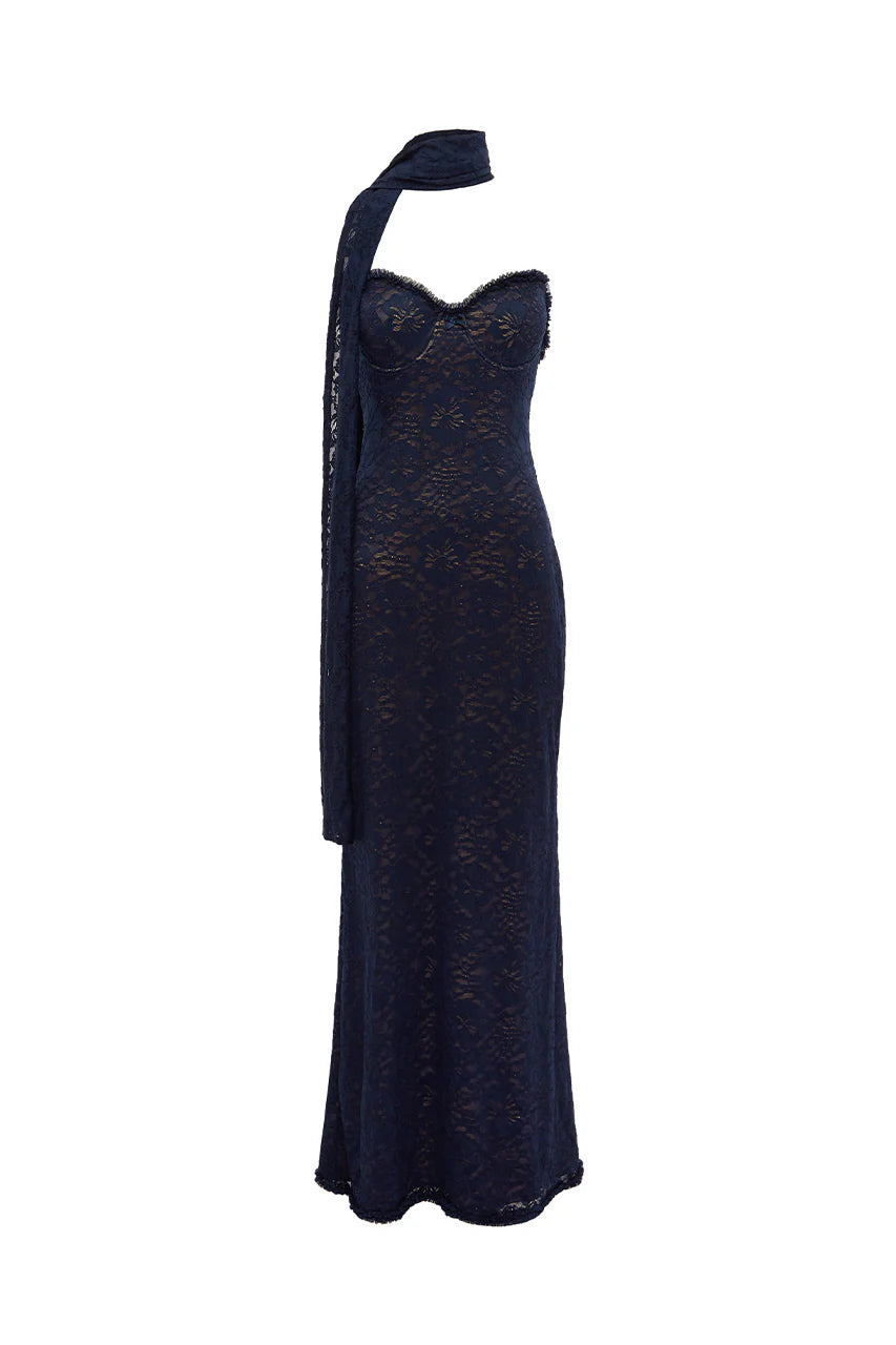 Amana Navy Strapless Scarf Maxi Dress