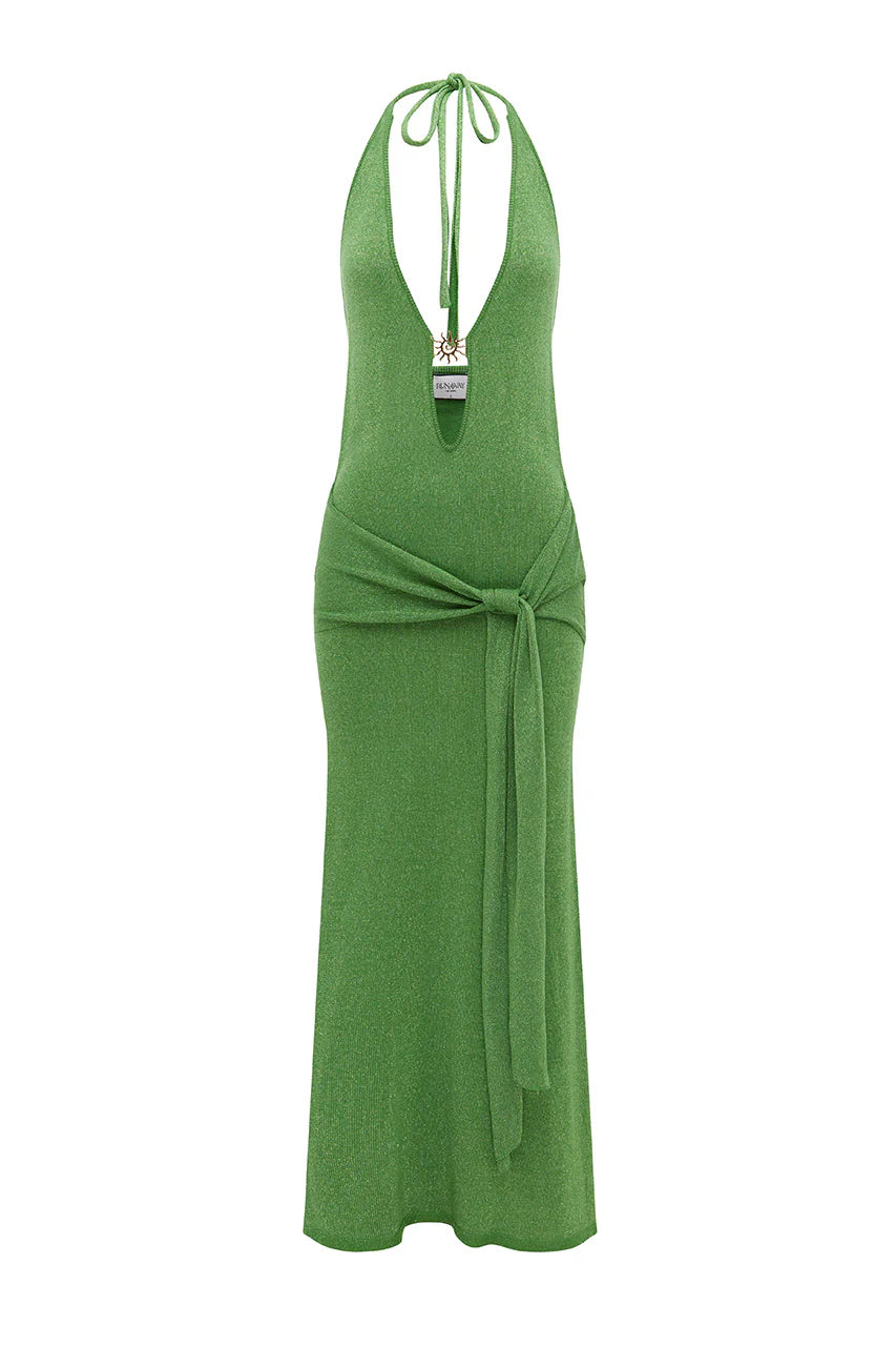 Ayella Deep V Knit Maxi Dress in Green Apple