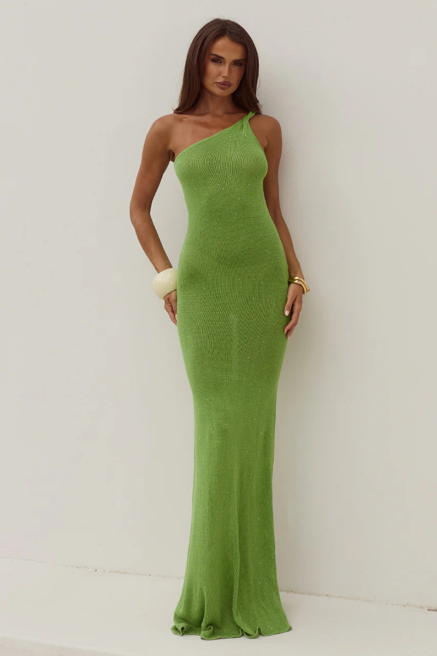Diana Asymmetric Neck Maxi Dress Kiwi Green