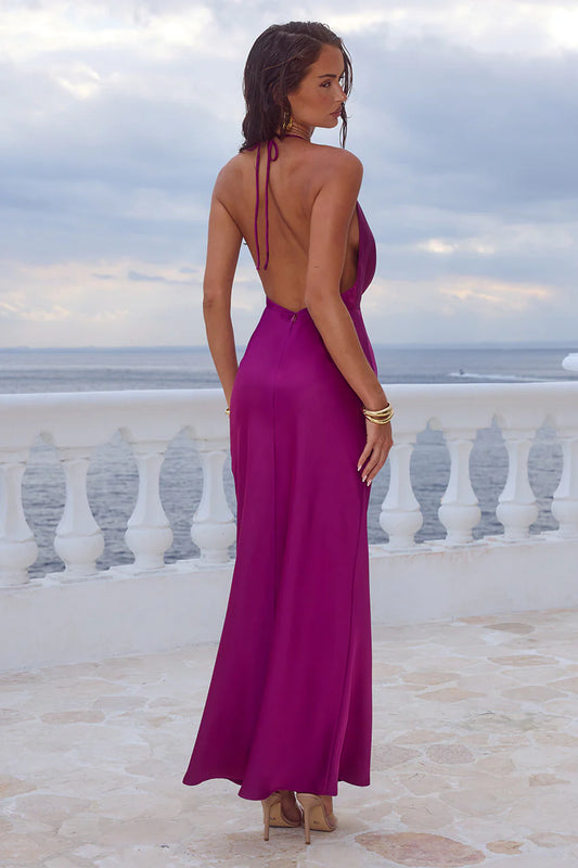 Elena Low Plunge Maxi Dress in Plum
