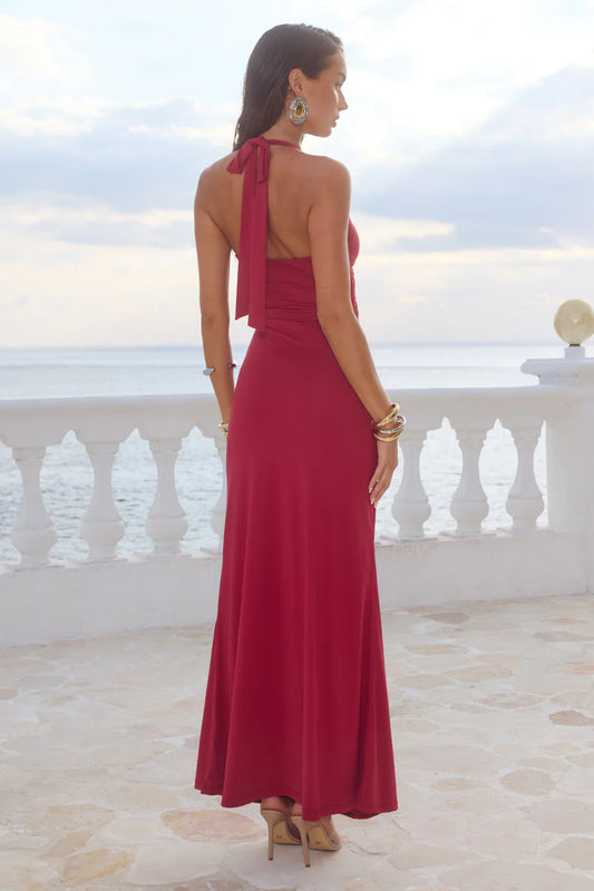 Flora Cherry Red Cut Out Halter Maxi Dress