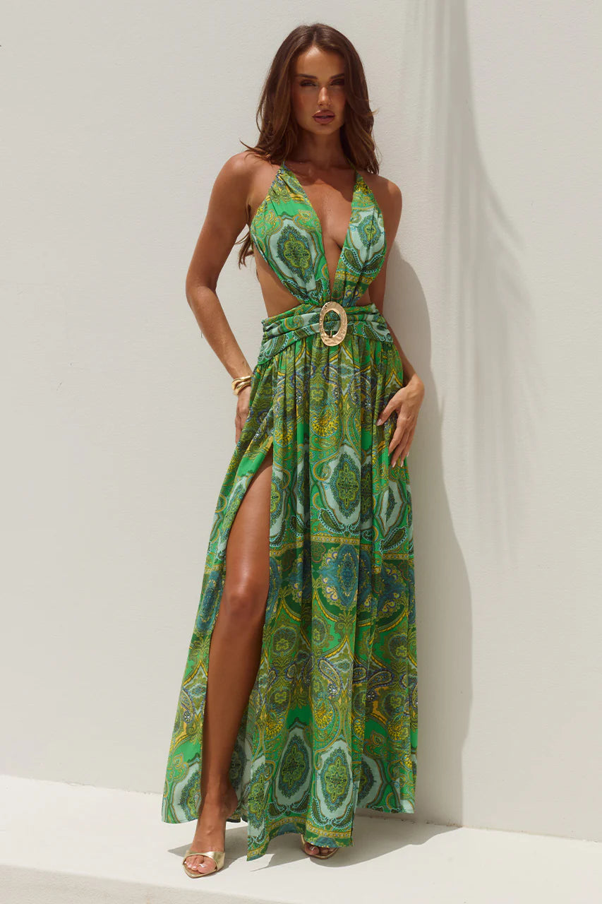 Fontana Deep Pluge Maxi Dress Indiana Green
