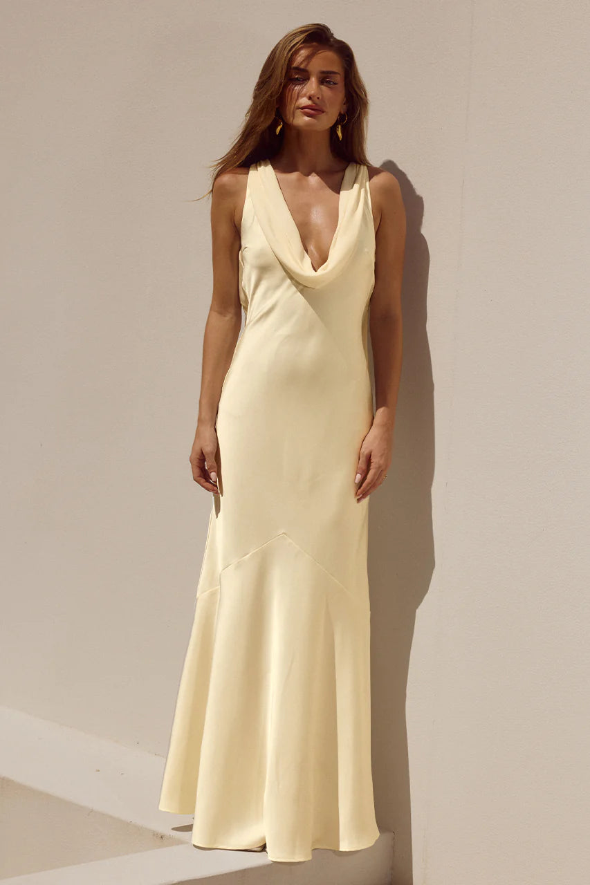 Model in Runaway The Label Gabriella Lemon cowl-neck maxi dress, satin, front view