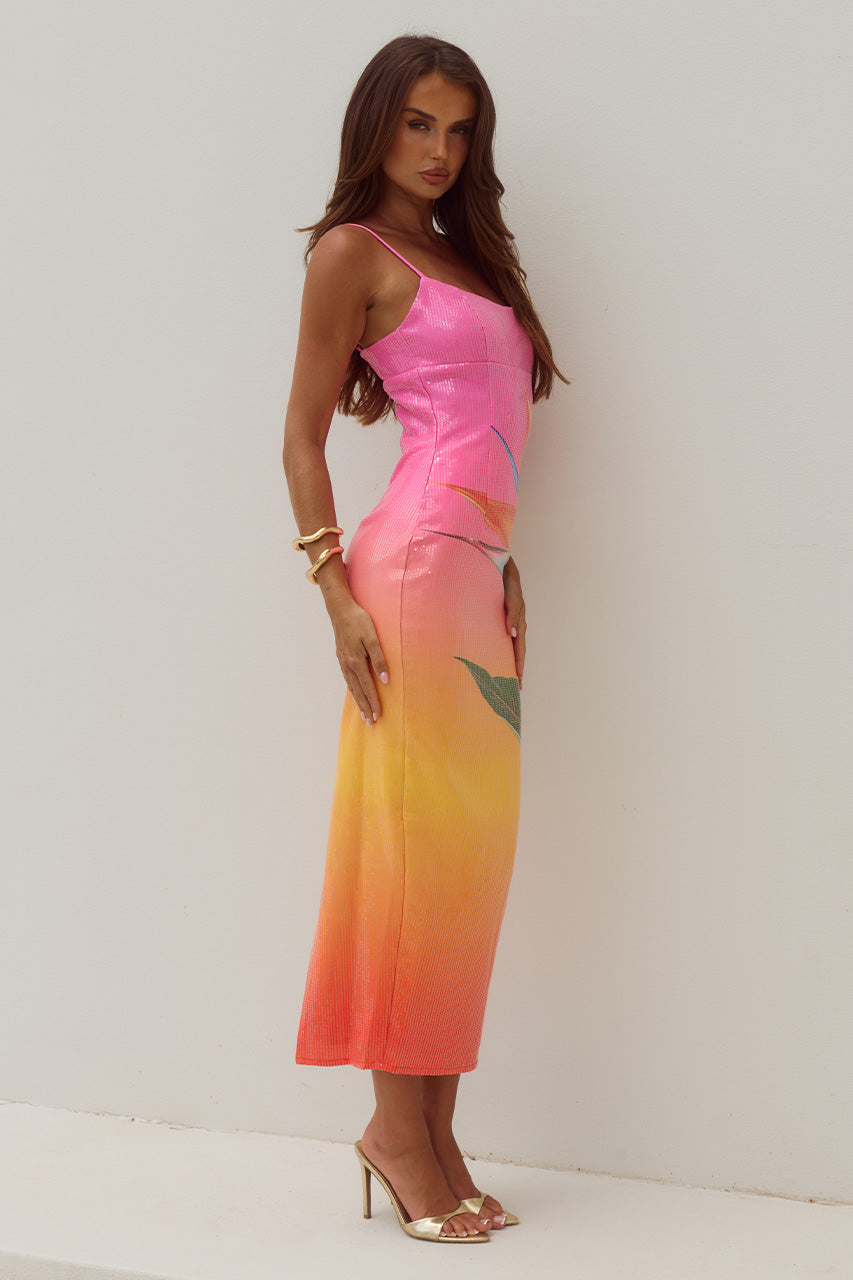 Kyra Tropical Ombre Sequin Midi Dress - Pink Orange