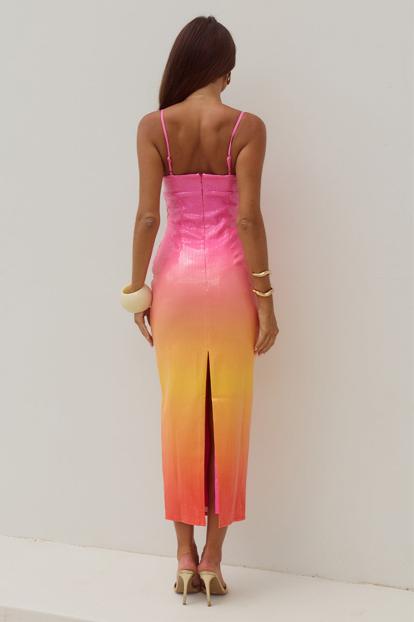 Kyra Tropical Ombre Sequin Midi Dress - Pink Orange