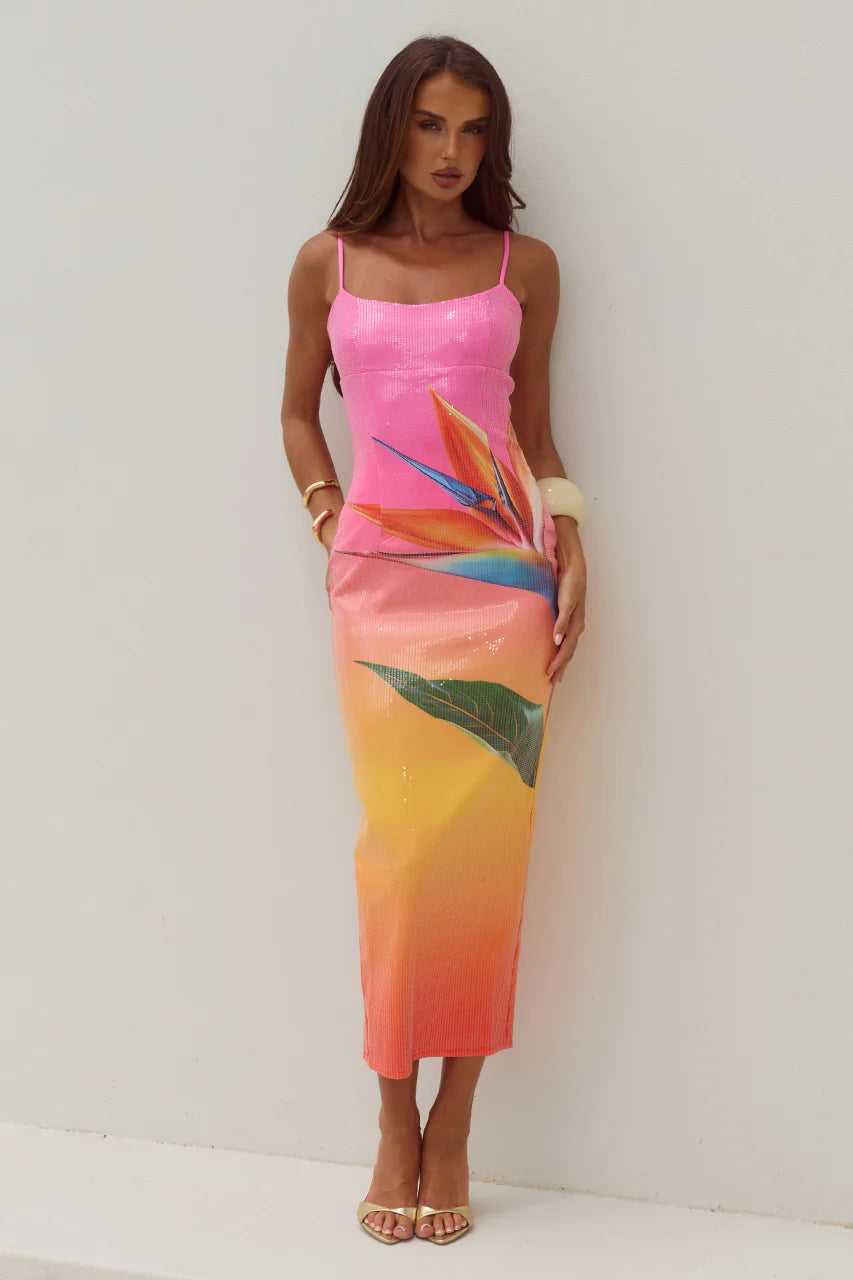 Kyra Tropical Ombre Sequin Midi Dress - Pink Orange