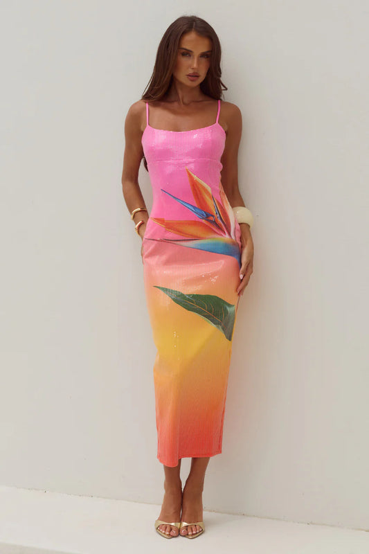 Kyra Tropical Ombre Sequin Midi Dress - Pink Orange