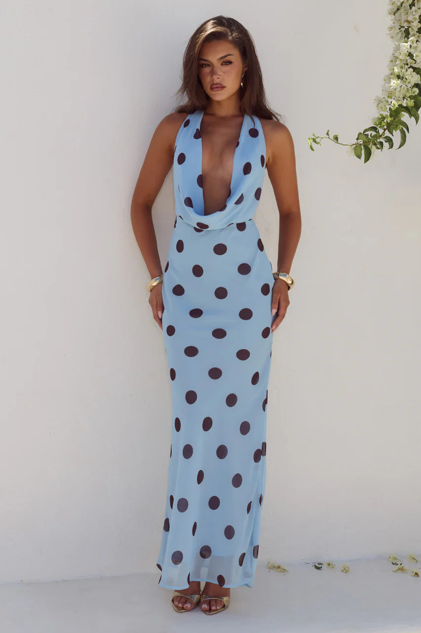 Model in Runaway The Label Lexie Sky Blue Polka Dot maxi dress, plunging halter neckline, front view
