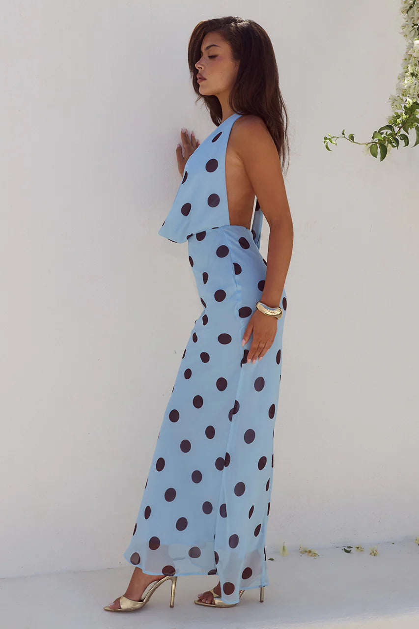 Side view, Runaway The Label Lexie Sky Blue Polka Dot maxi dress, open back detail, full-length silhouette