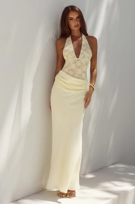 Lina Halter Draped Maxi Dress Lemon