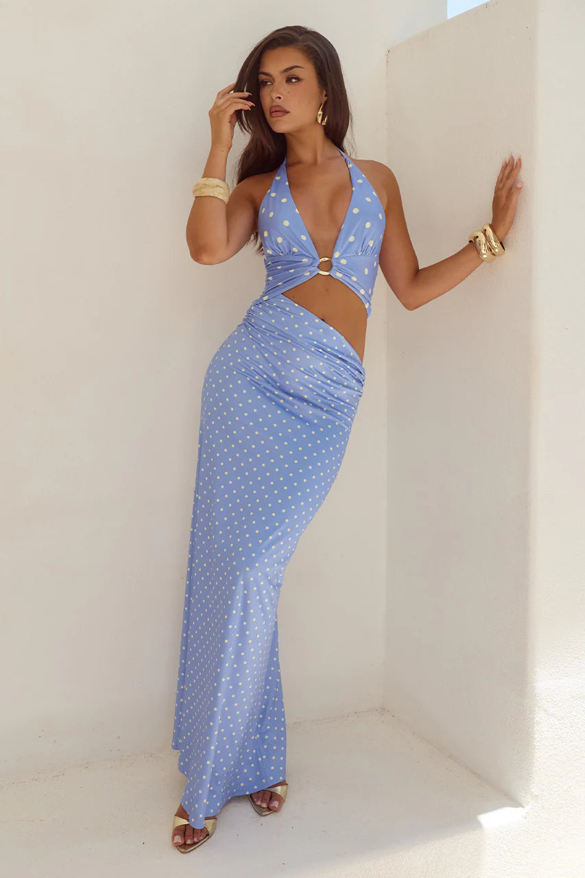 Lumia Periwinkle Polka Halter Maxi Dress