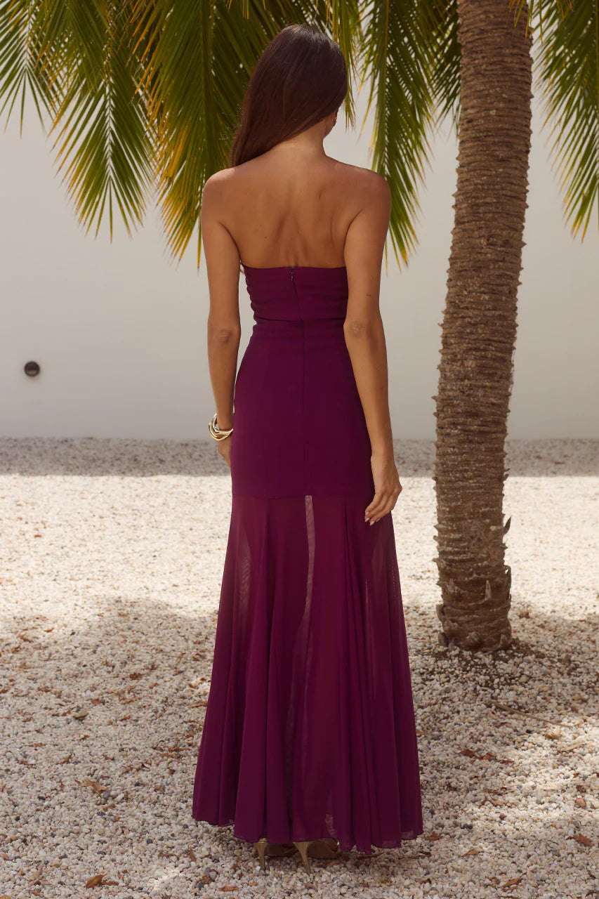 Remi Strapless Sheer Skirt Maxi Dress Plum