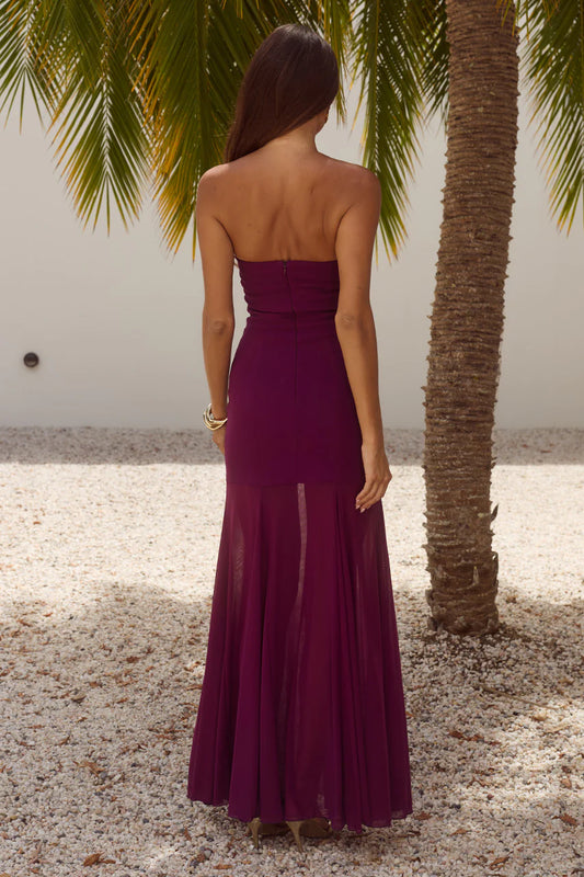 Remi Strapless Sheer Skirt Maxi Dress Plum