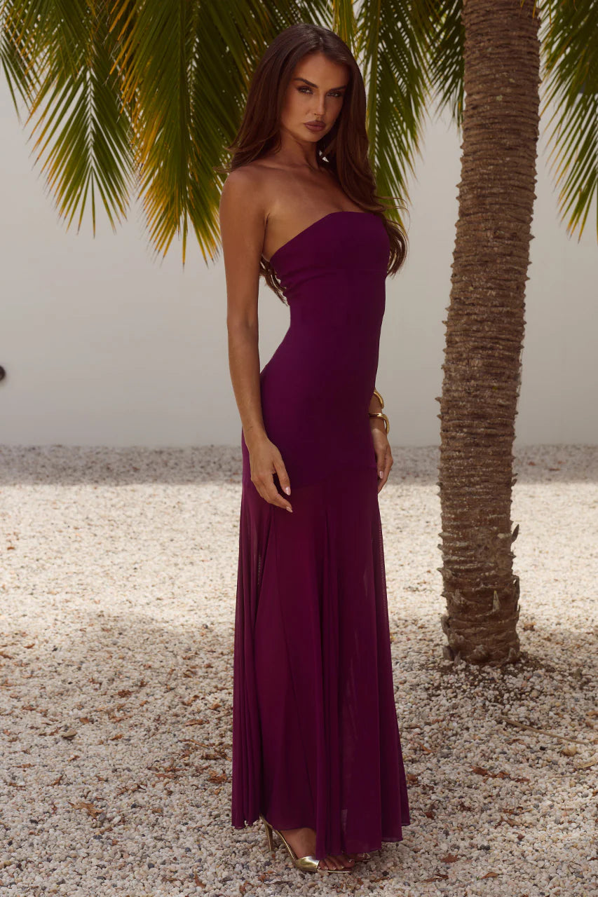 Remi Strapless Sheer Skirt Maxi Dress Plum