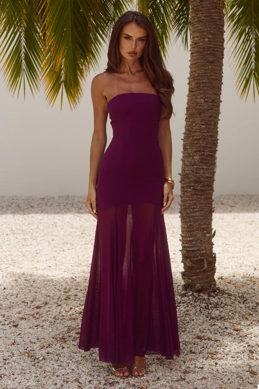 Remi Strapless Sheer Skirt Maxi Dress Plum