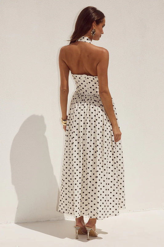 Sammi Cream/Black Polka Dot Halter Midi Dress