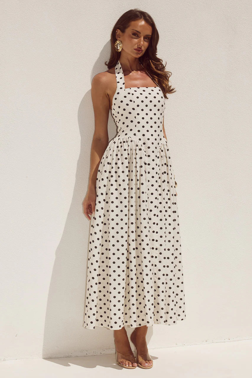 Sammi Cream/Black Polka Dot Halter Midi Dress