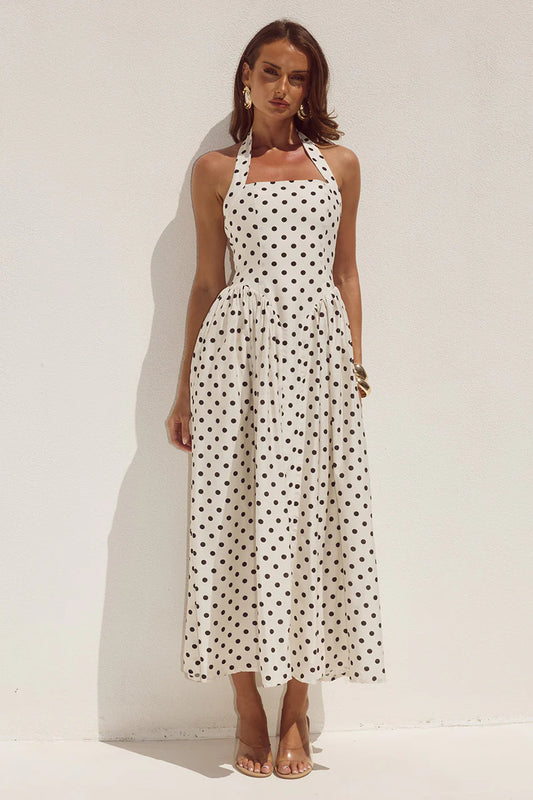Sammi Cream/Black Polka Dot Halter Midi Dress