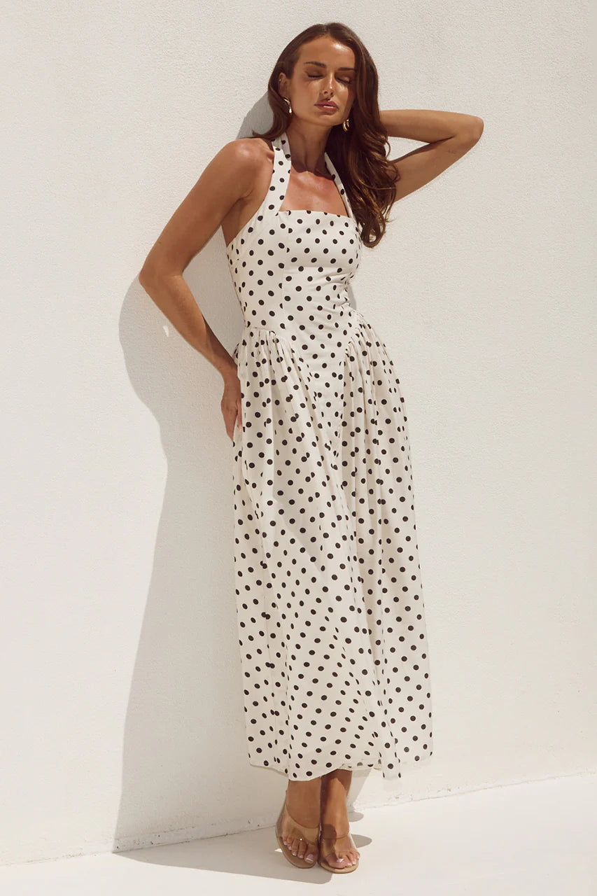 Sammi Cream/Black Polka Dot Halter Midi Dress