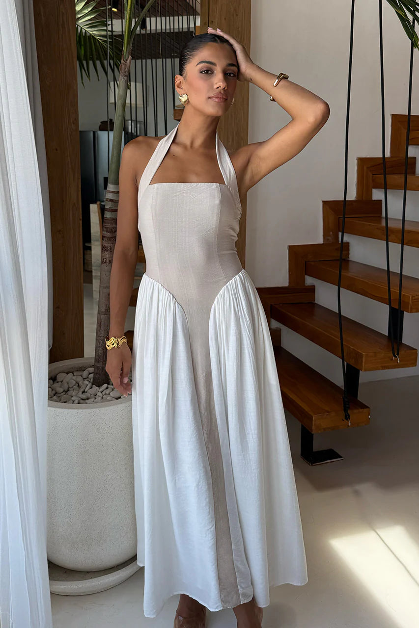 Sammi Midi Dress in Sand/White