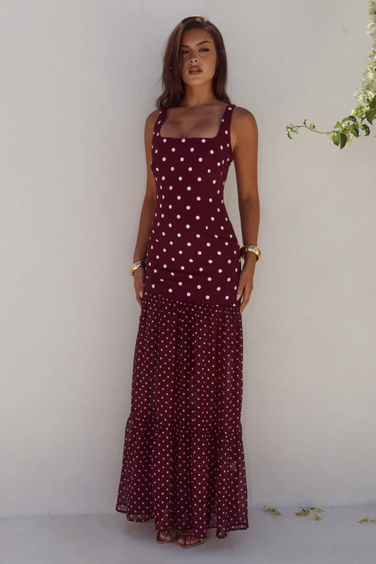 Tillie Wine Polka Dot Maxi Dress