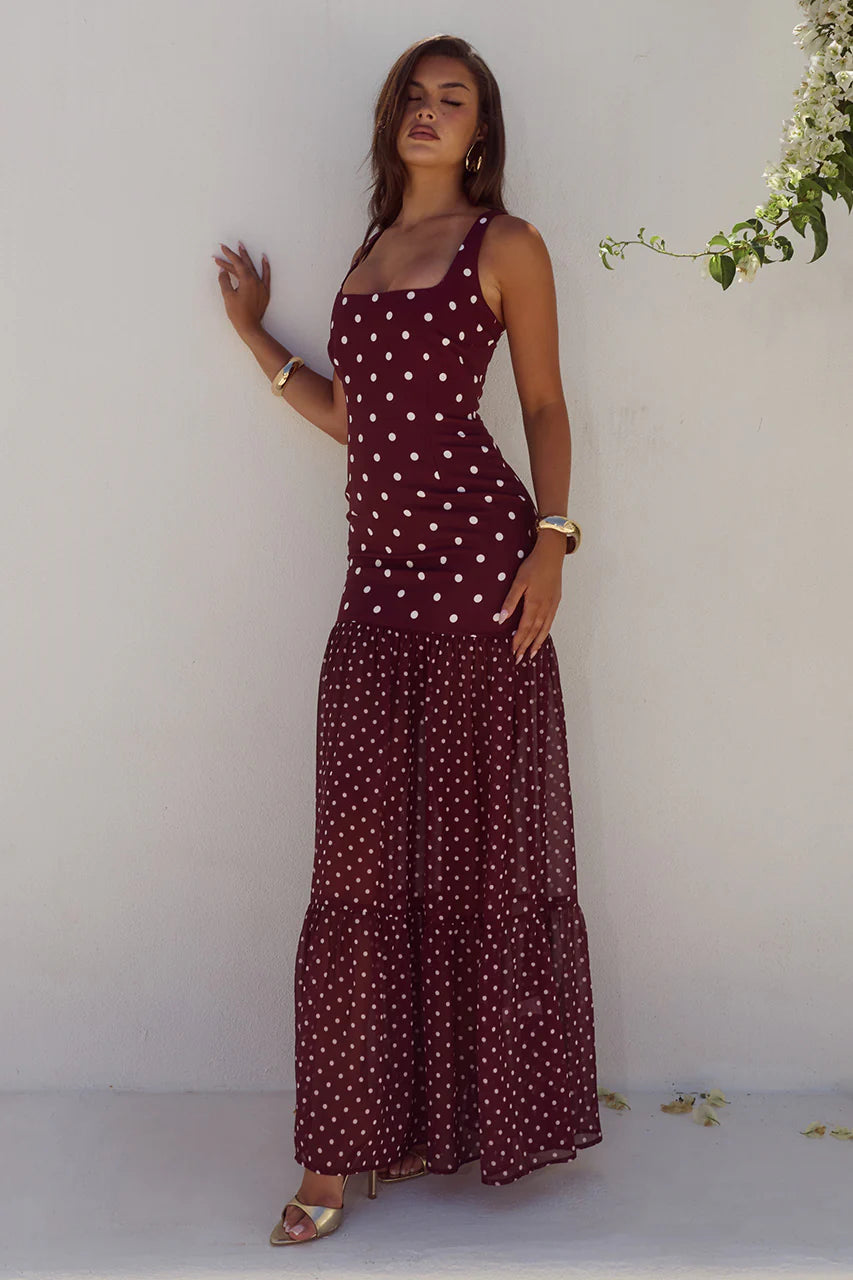 Tillie Wine Polka Dot Maxi Dress