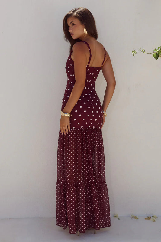 Tillie Wine Polka Dot Maxi Dress