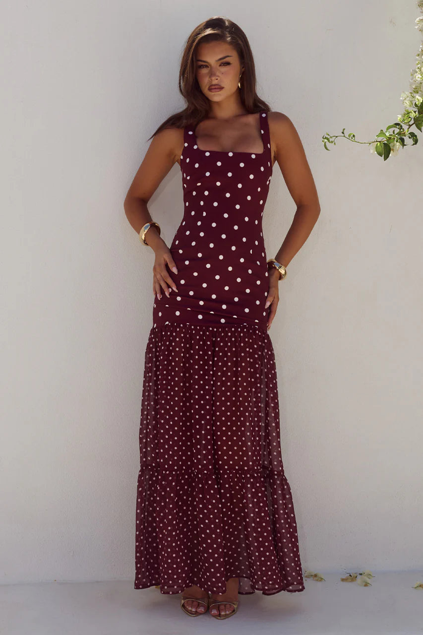 Tillie Wine Polka Dot Maxi Dress