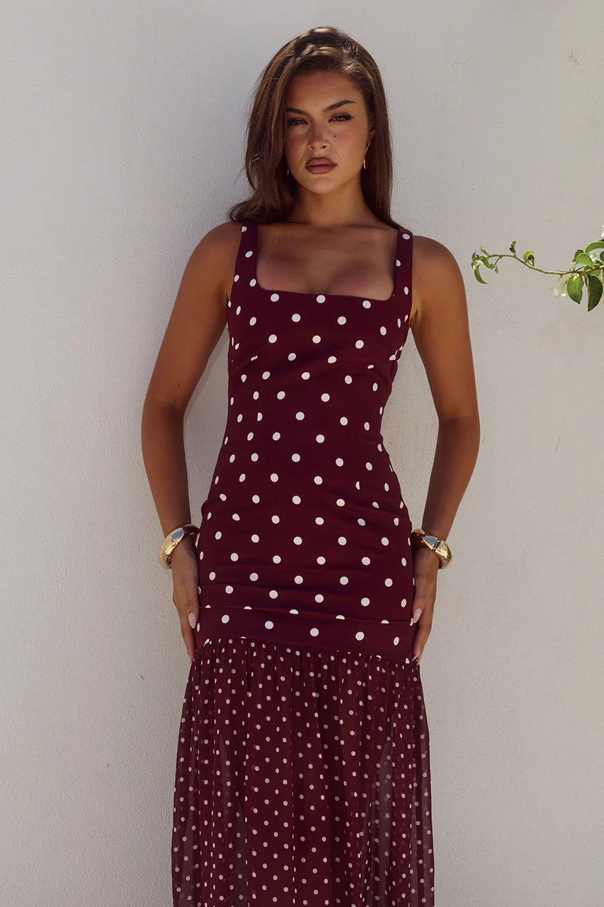 Tillie Wine Polka Dot Maxi Dress