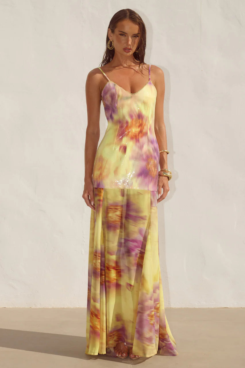 Tulia Suri Yellow Sequin Maxi Dress
