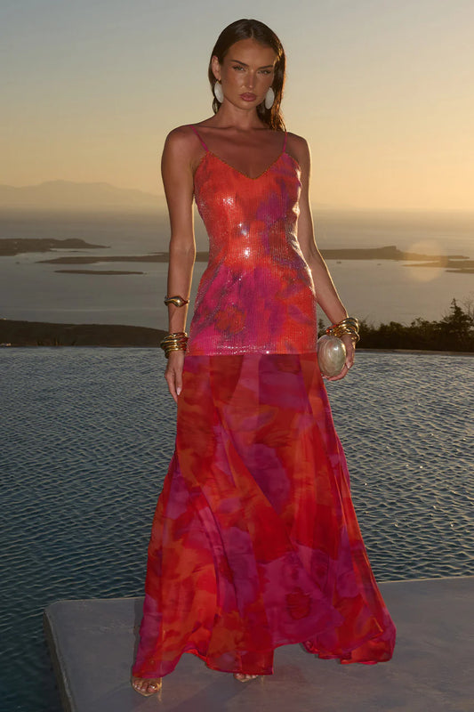 Tulia Suri Orange Sequin Maxi Dress