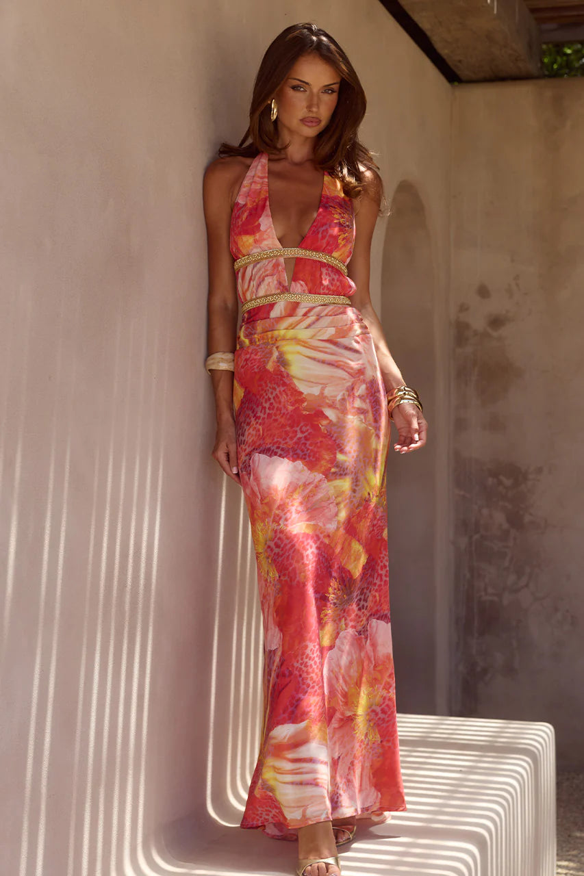Xylia Halter Low Plunge Maxi Dress Kiara Peach