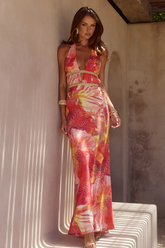 Xylia Halter Low Plunge Maxi Dress Kiara Peach