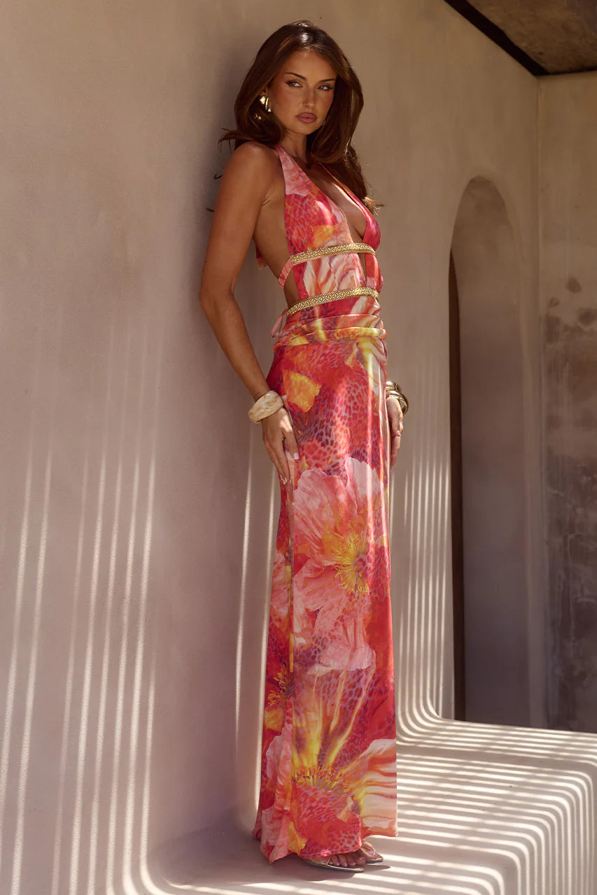 Xylia Halter Low Plunge Maxi Dress Kiara Peach