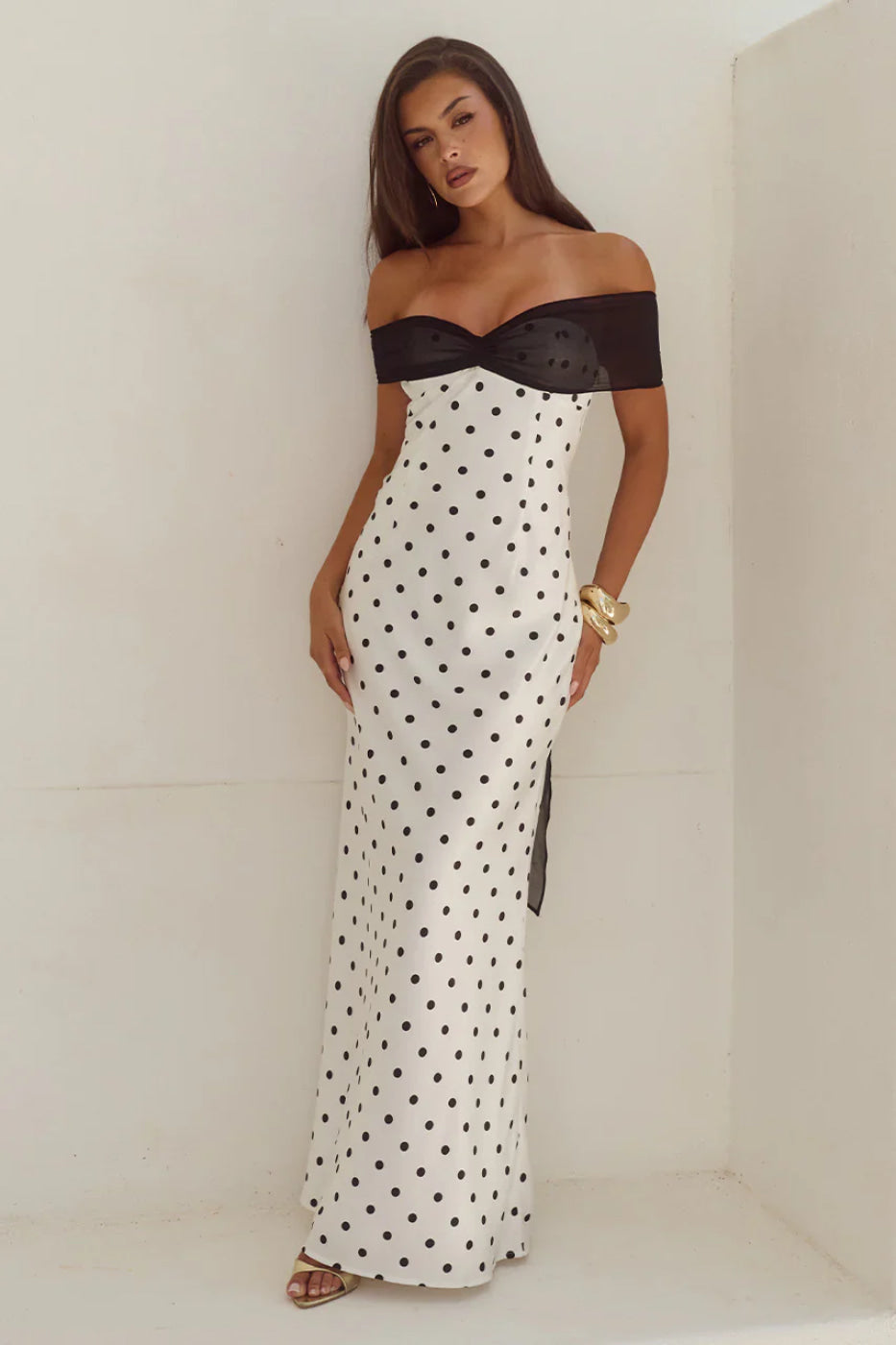 Runaway The Label Kadie White/Black Off Shoulder Maxi Dress