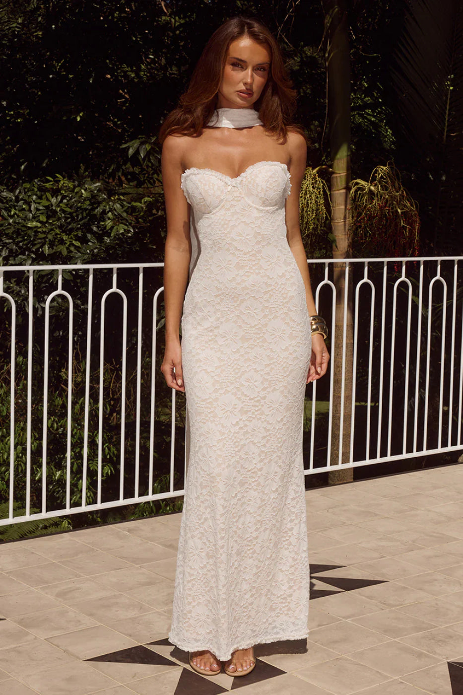 Runaway The Label Amana White Lace Strapless Scarf Maxi