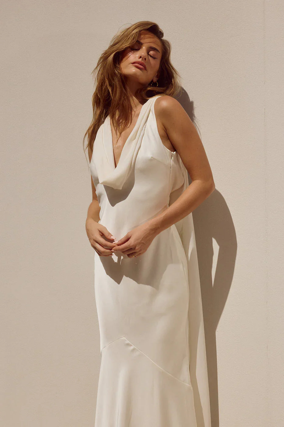 Editorial portrait, Runaway The Label Gabriella Ivory cowl maxi dress, satin
