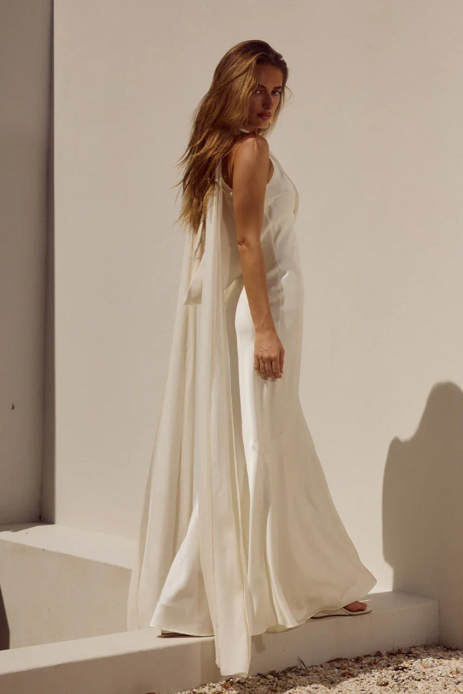 Side three-quarter view, Runaway The Label Gabriella Ivory cowl maxi dress, satin