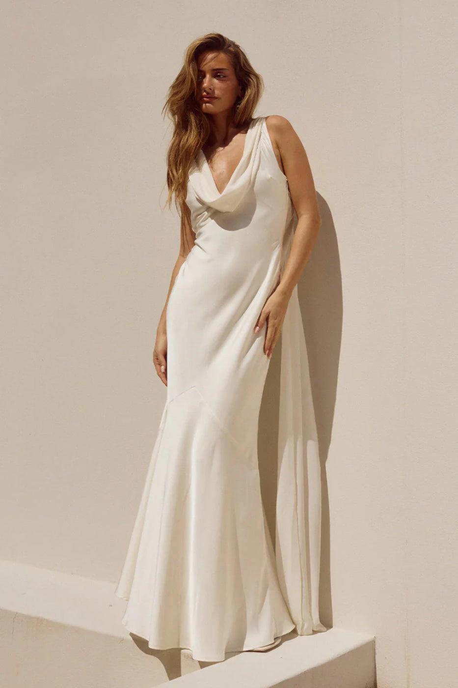 Side view, Runaway The Label Gabriella Ivory cowl maxi dress with chiffon back sashes